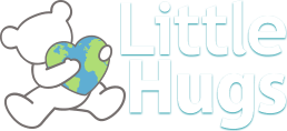 Little Hugs logo with teddy bear children's donation holding earth