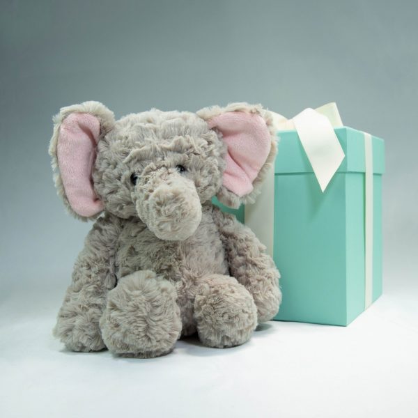 little hugs stuffed elephant toy, teal gift box behind