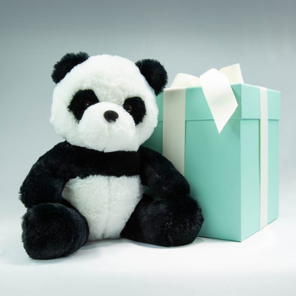 stuffed panda bear plushie with teal gift box behind