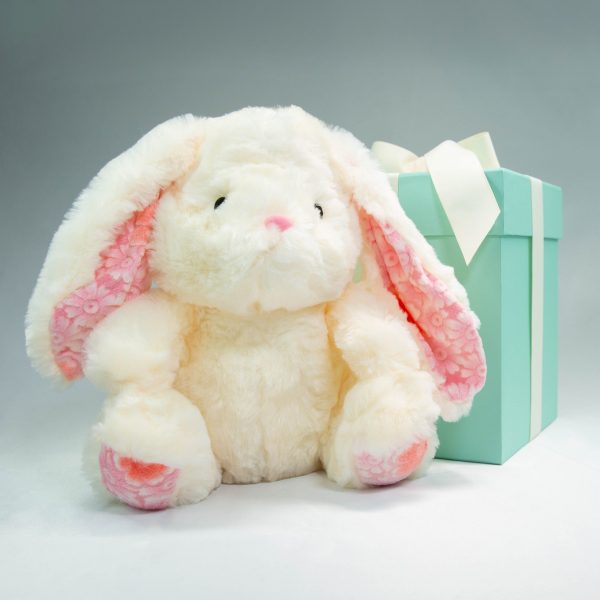 white stuffed bunny rabbit toy with pink ears, teal gift box behind