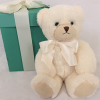 white teddy bear with ivory bow and teal gift box behind